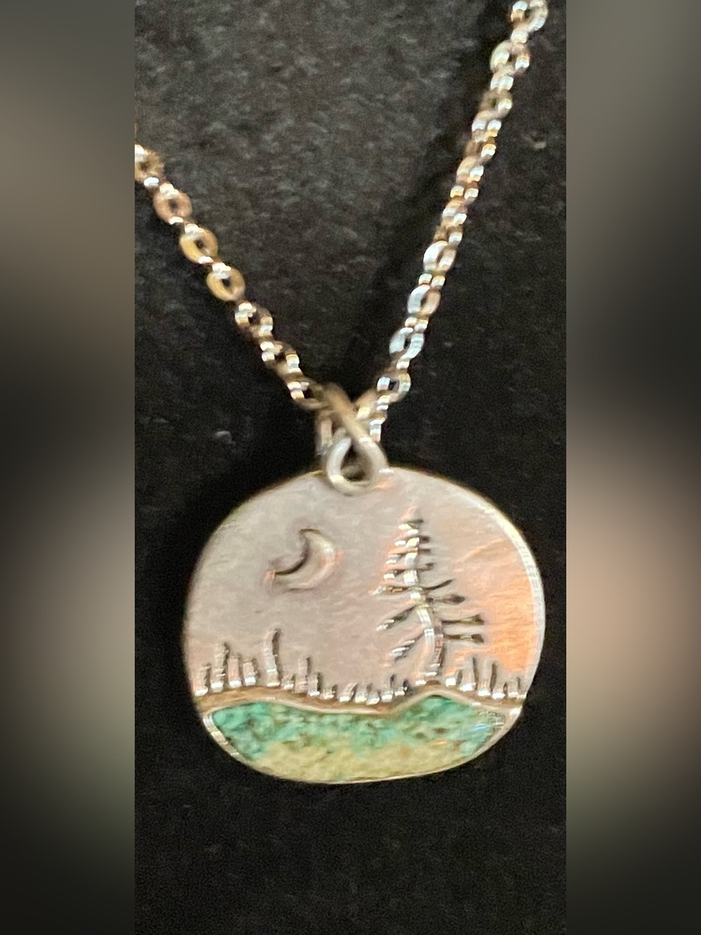 Silver Moon & Tree Inlay Pendant Necklace - Silver with Turquoise Inlay